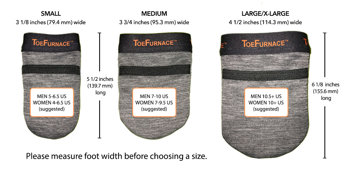 3 sizes of ToeFurnace shown: small, medium, large/extra large, with dimensions.